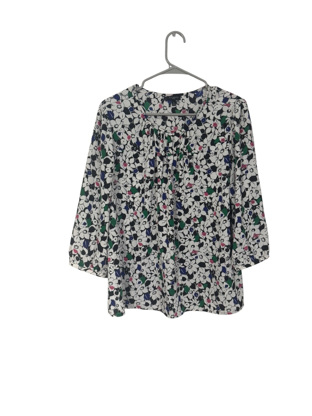 Talbots White Floral Peasant Blouse with Green, Blue & Pink Accents